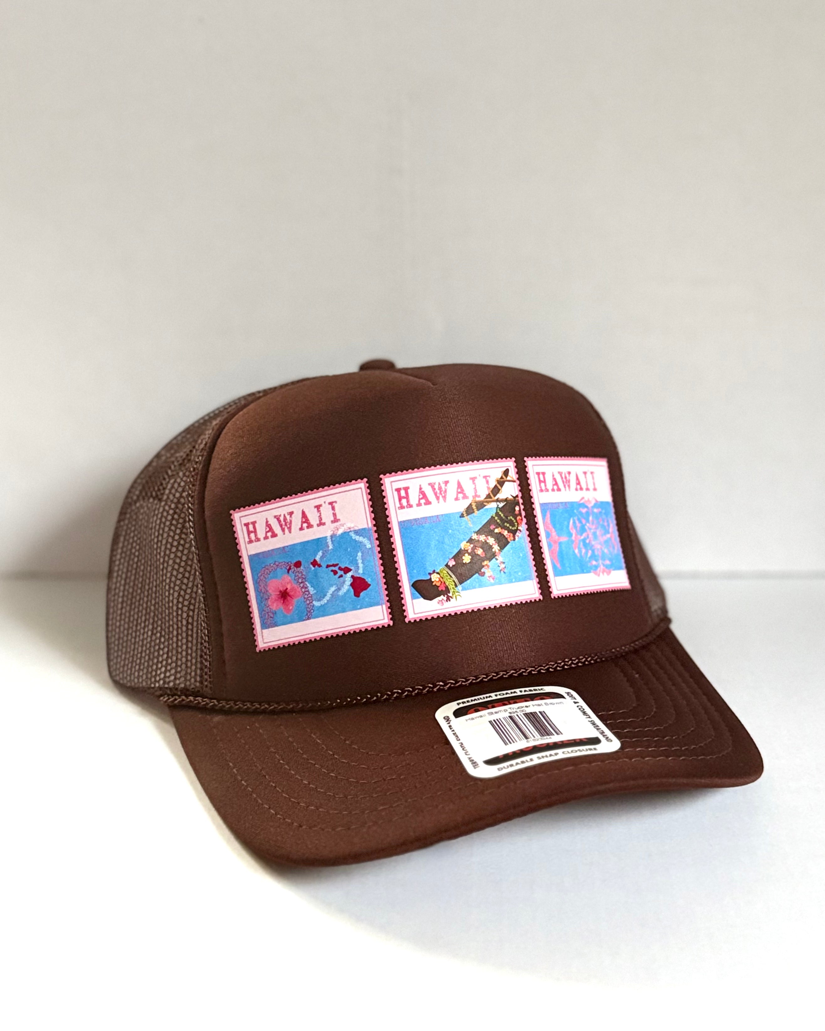 Hawaii Stamp Trucker Hat Brown